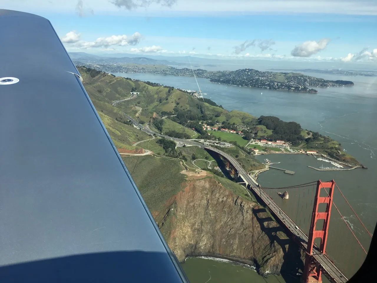 Approaching the Golden Gate Bridge from the north at 1,000 ft - Marin Headlands below