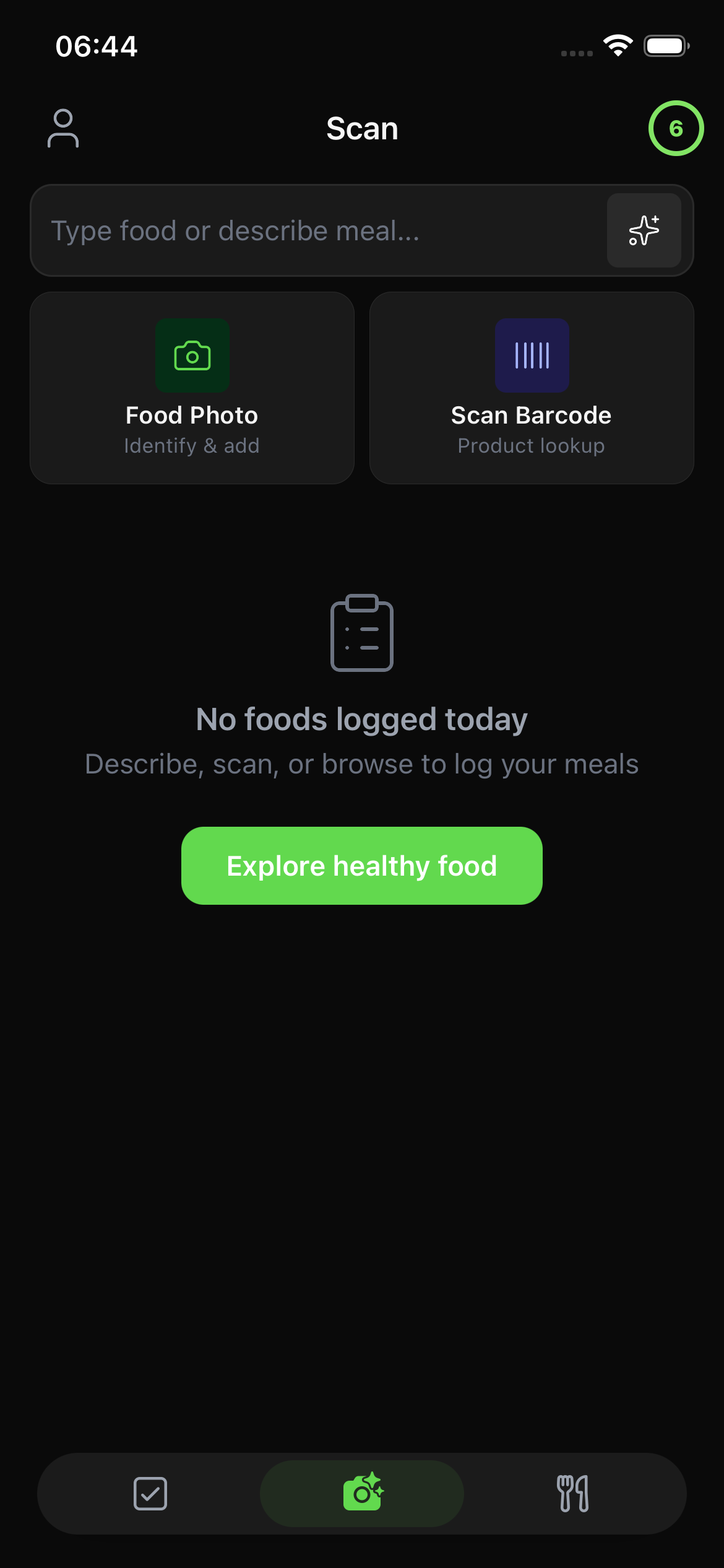 Longevity OS AI food recognition - check checklist items by typing, photo, or barcode scan