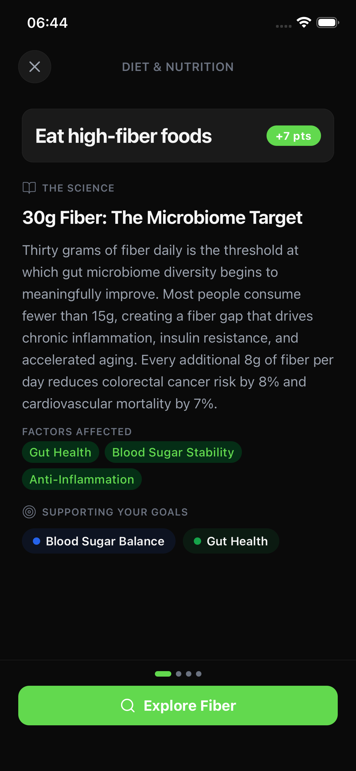 Longevity OS science view - explaining fiber's microbiome impact with affected factors and supporting goals