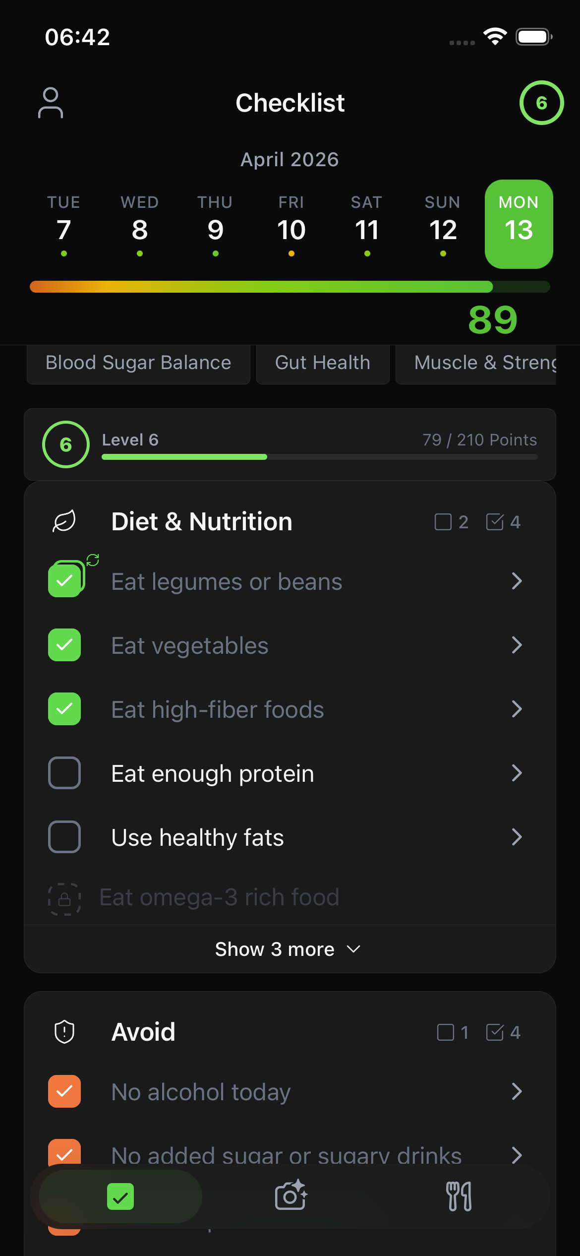 Longevity OS checklist - Diet & Nutrition habits with daily score and category filters