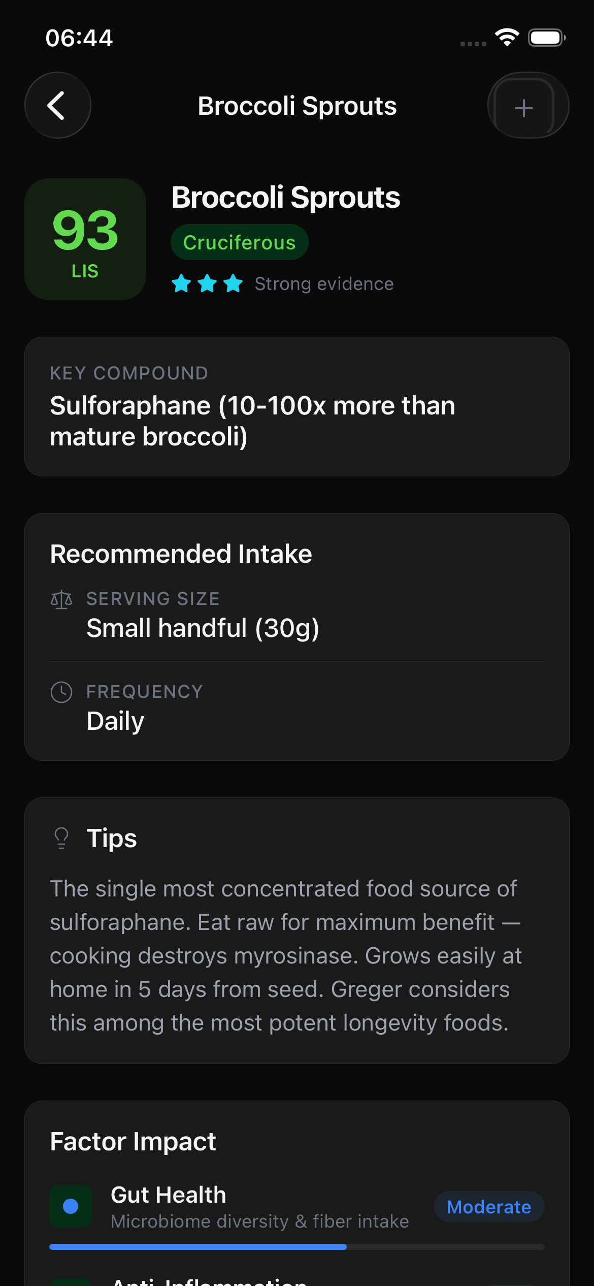 Longevity OS food detail - Broccoli Sprouts with LIS score 93, key compound, recommended intake, and tips