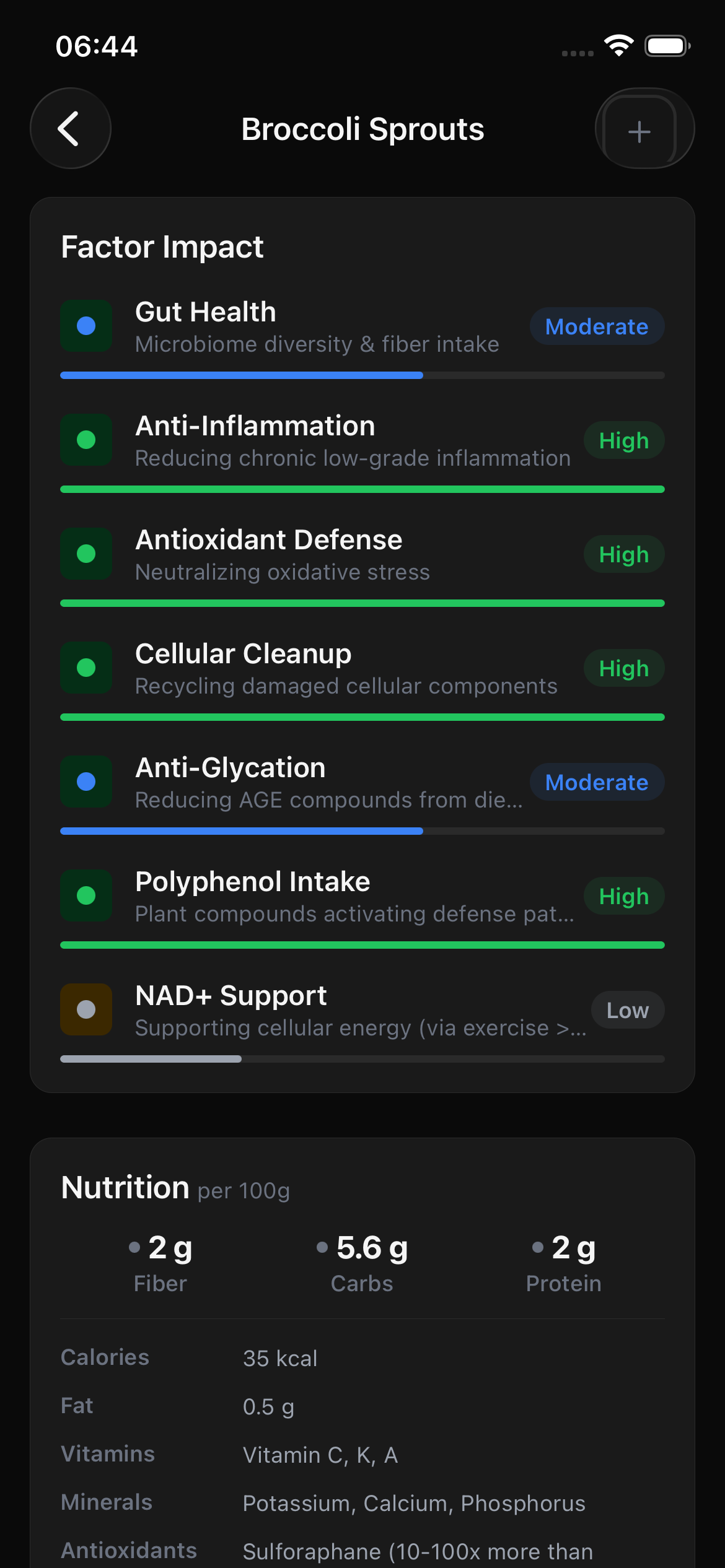 Longevity OS factor impact - showing biological pathways affected with impact levels and full nutrition breakdown