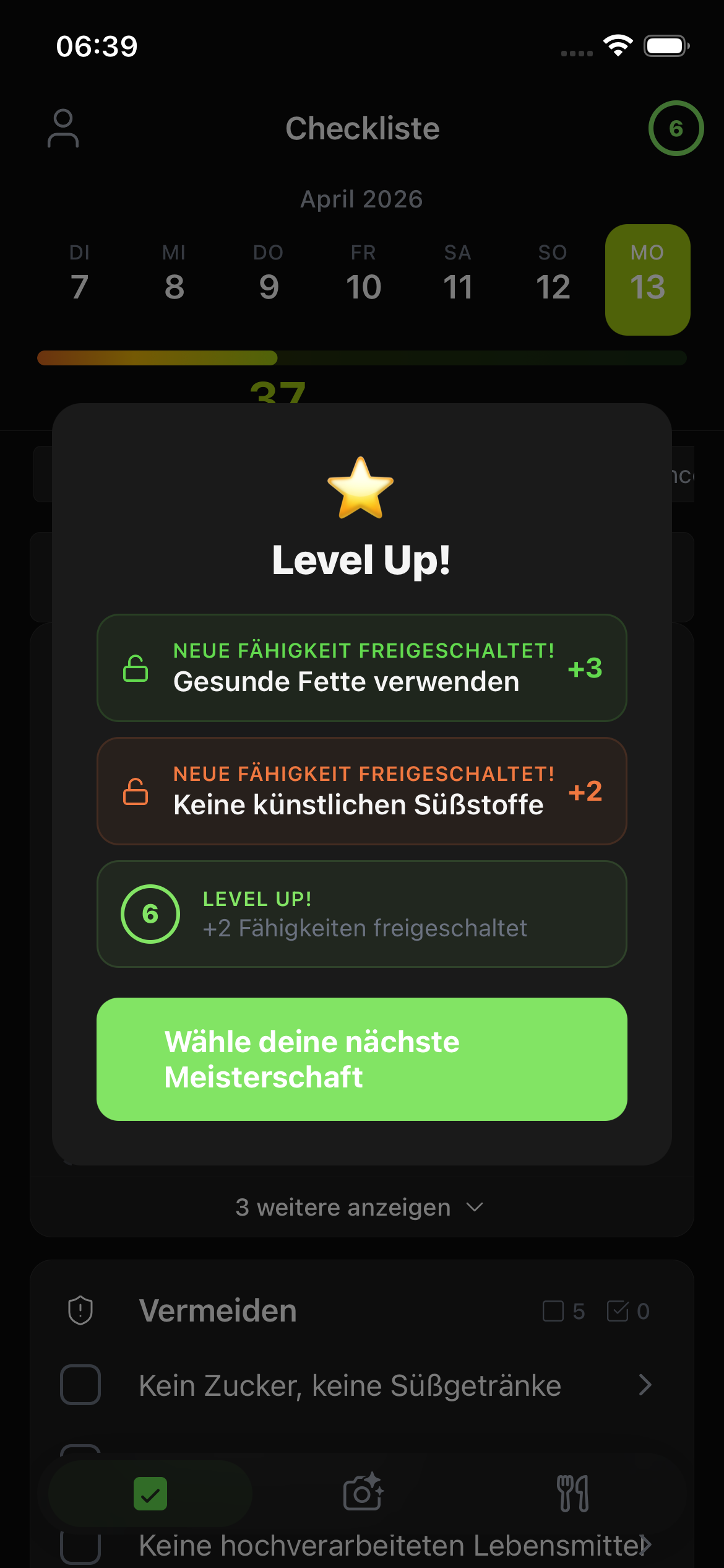 Longevity OS level up - unlocking new abilities and earning points for completing habits