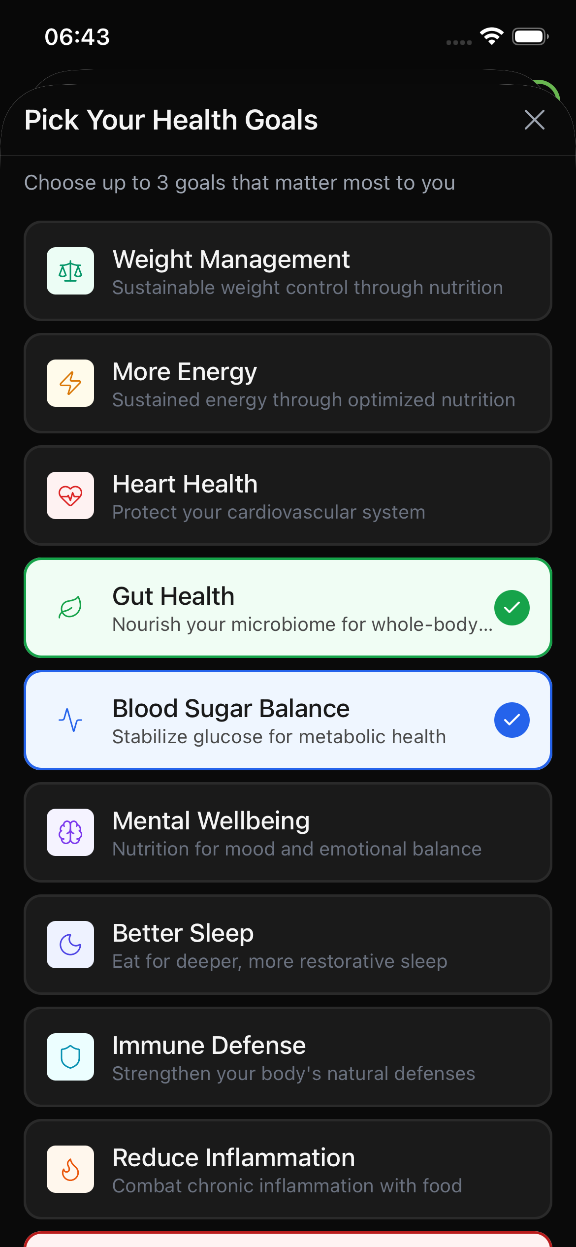 Longevity OS goal selector - pick up to 3 health goals that matter most to personalize your checklist