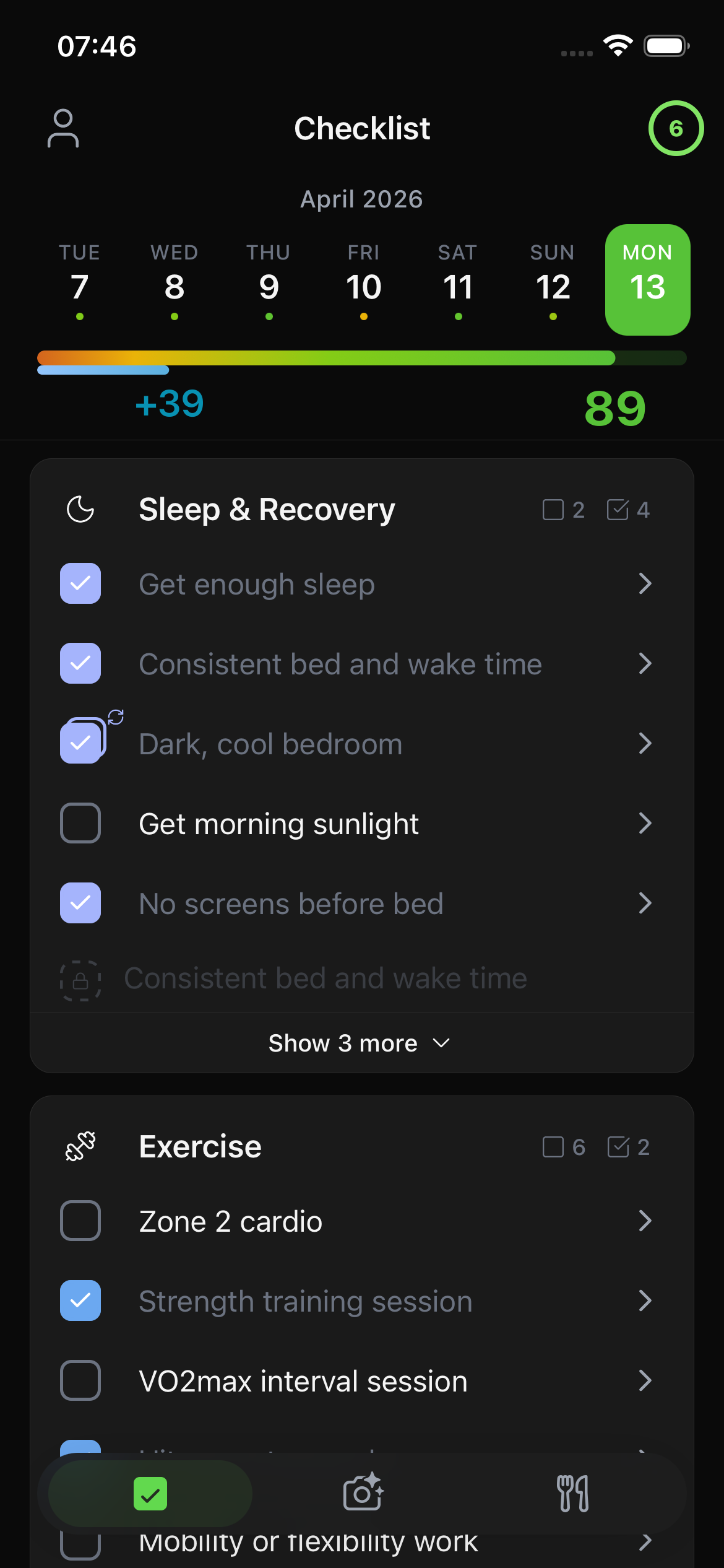 Longevity OS premium features - track sleep, exercise, mental health, supplements, and boost activities like sauna and cold exposure