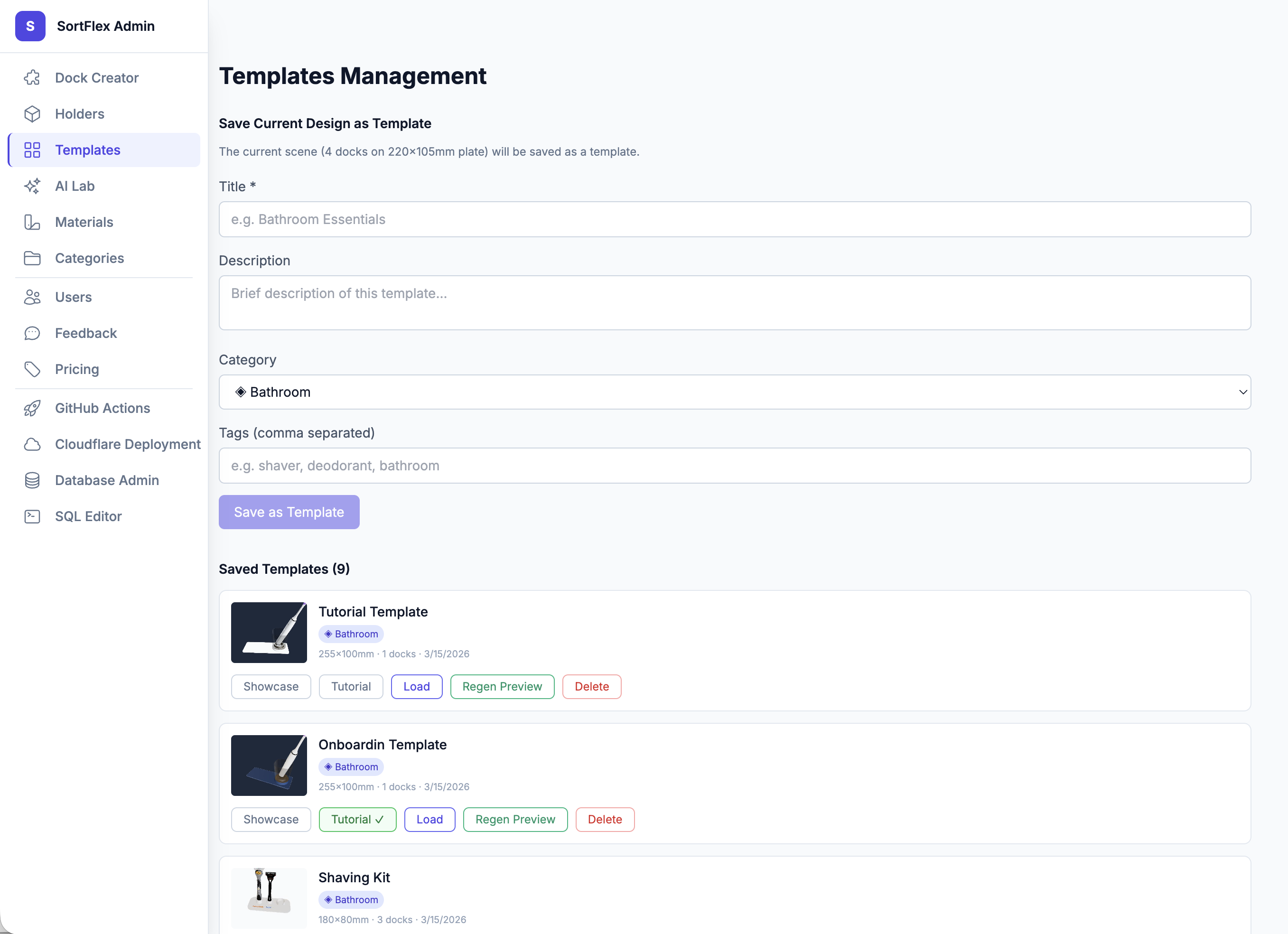 SortFlex admin interface - template management with sidebar navigation for holders, templates, users, AI Lab, materials, categories, pricing, and deployment