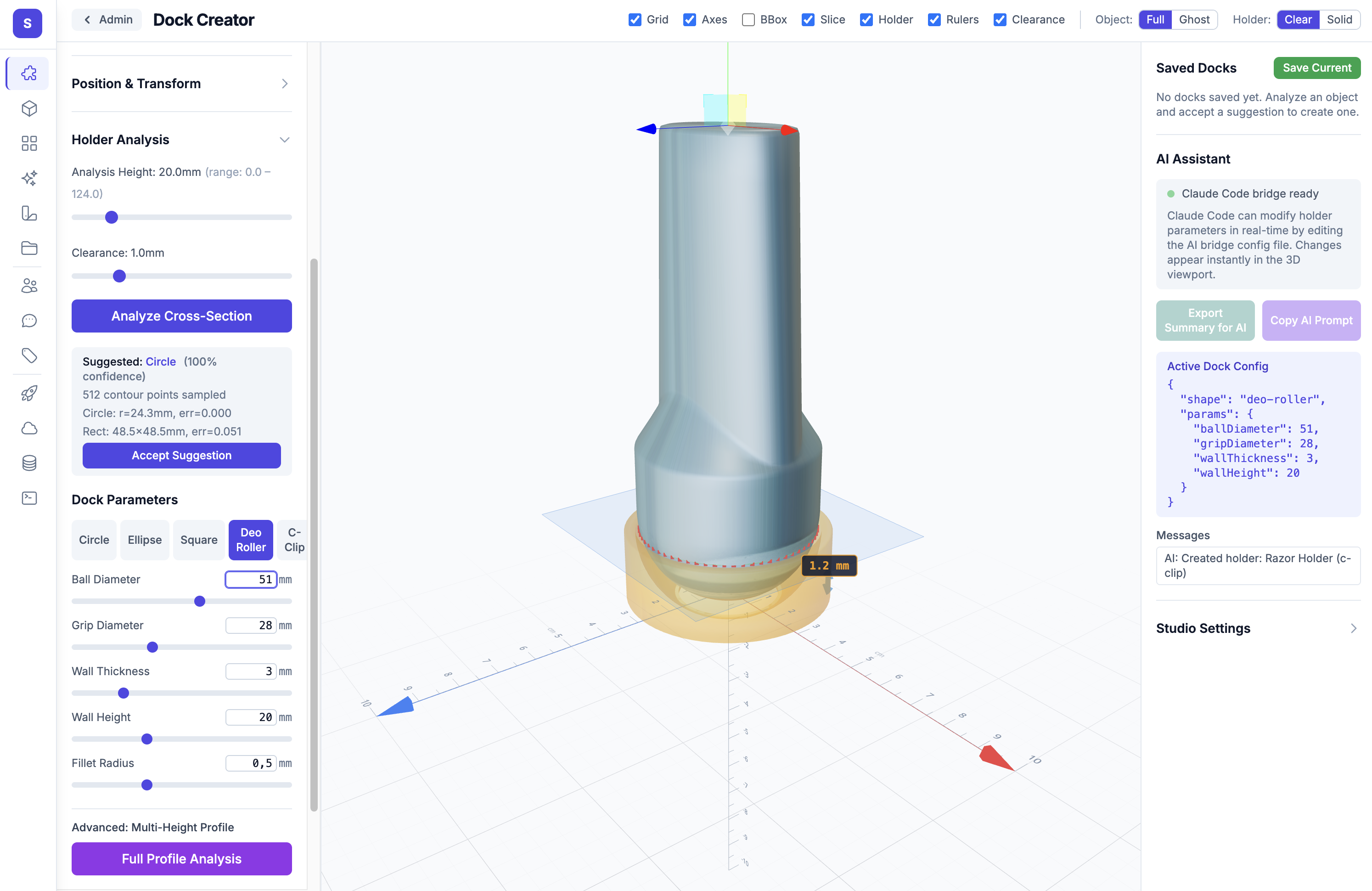 SortFlex AI Dock Creator - cross-section analysis of a 3D object with AI assistant generating holder parameters and JSON configuration in real time