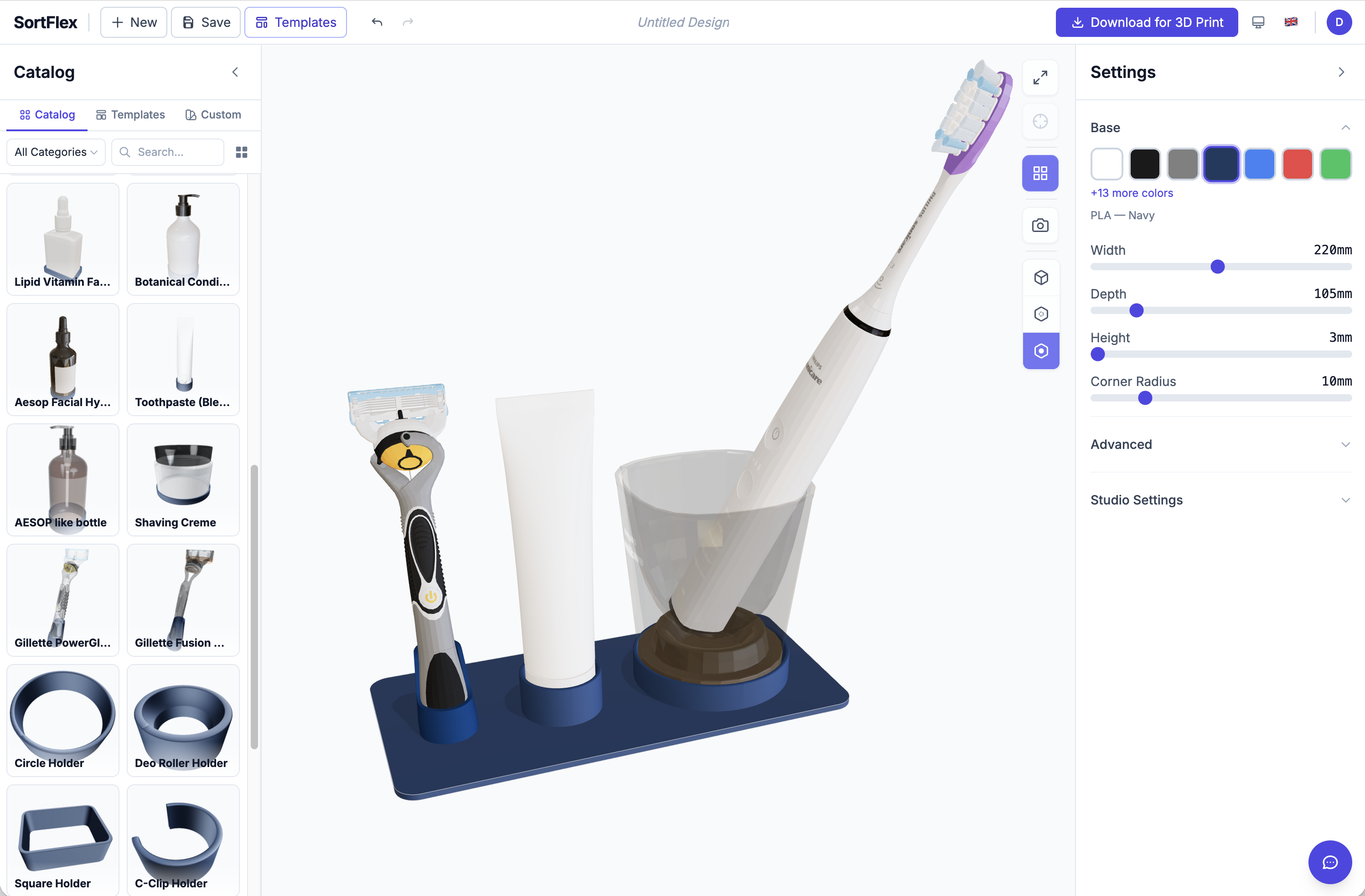 SortFlex 3D editor - drag-and-drop product catalog, real-time 3D preview with bathroom items on a base plate, color and size settings