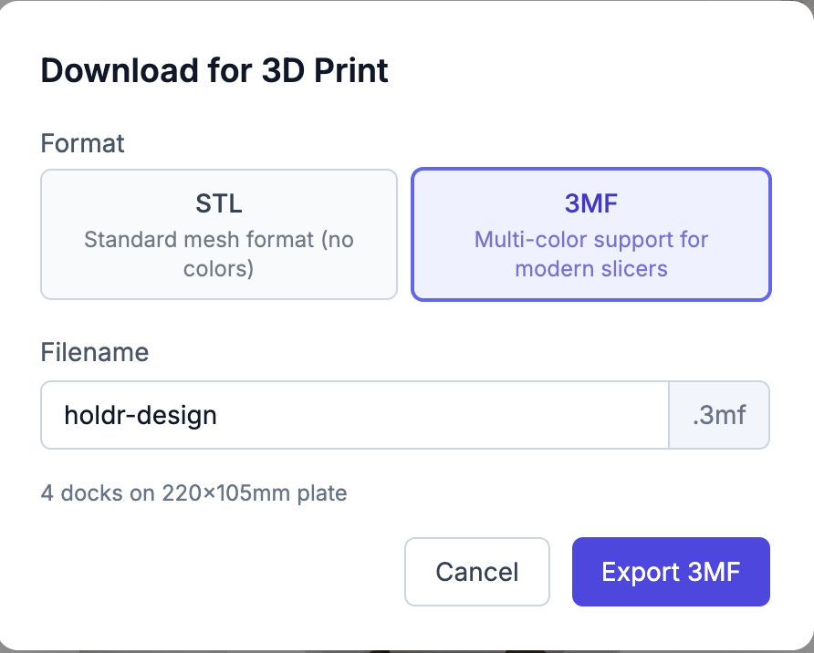 SortFlex export dialog - STL and 3MF format selection with filename and plate dimensions